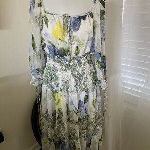 Figueroa & Flower Chiffon Smocked Waist Midi Dress Medium Yellow Blue Floral